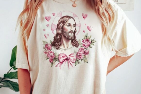 Jesus with Pink Roses and Hearts PNG — T-Shirt Designs