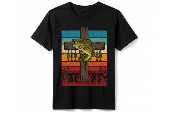 Retro Bass Christian Cross Fishing T-Shirt Designs